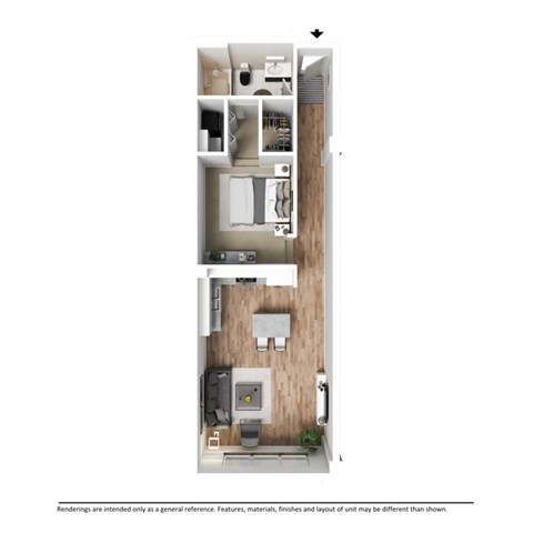 Floor plan for studio, 1 bath, 678 sqft